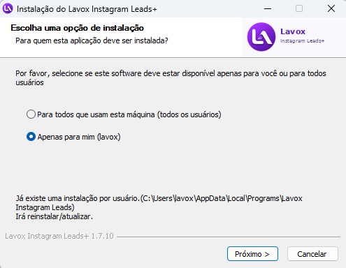 Primeiro passo da instalação do Lavox Instagram Leads+