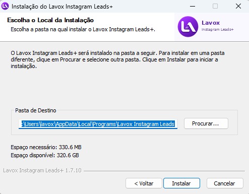 Escolha da pasta de instalação do Lavox Instagram Leads+