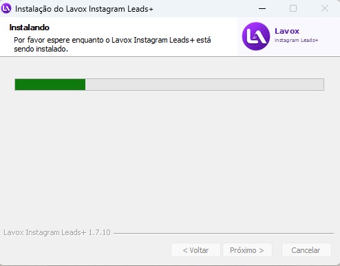Progresso da instalação do Lavox Instagram Leads+