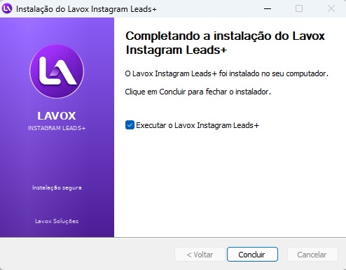 Conclusão da instalação do Lavox Instagram Leads+