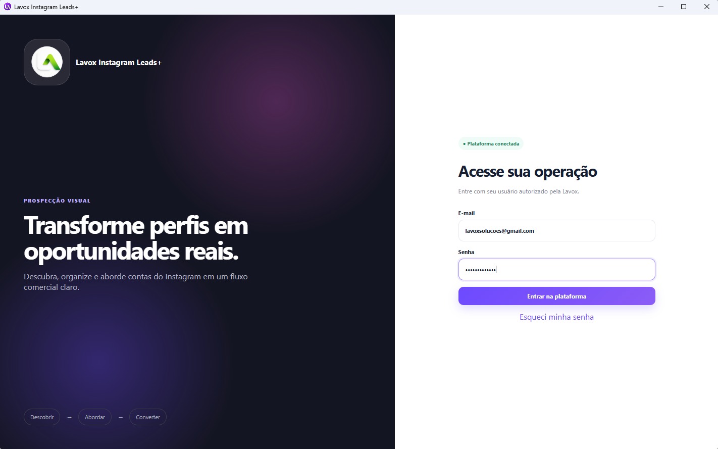 Tela de login do Lavox Instagram Leads+