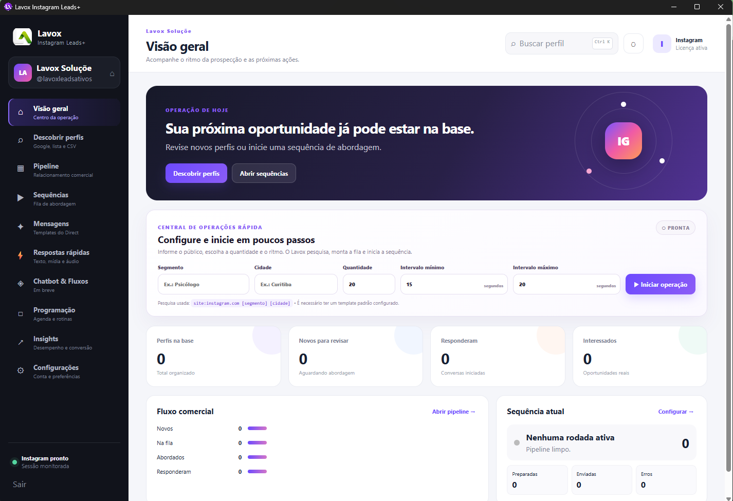 Tela principal do Lavox Instagram Leads+ após o login