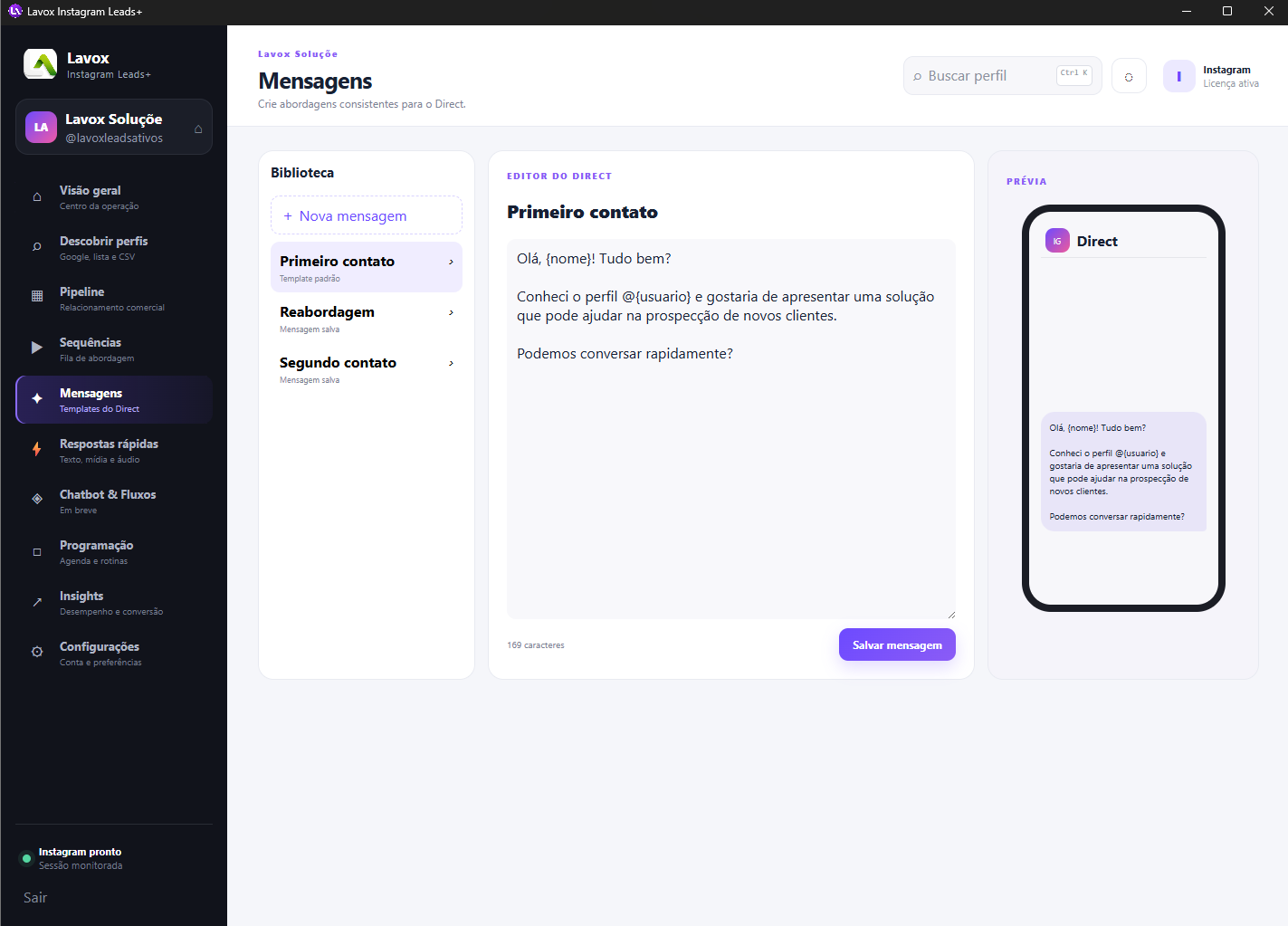Tela de Templates e Mensagens do Lavox Instagram Leads+